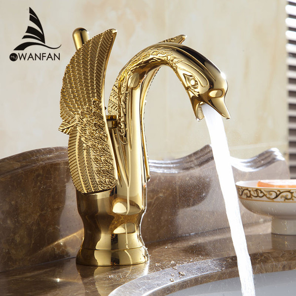 New Design Swan Faucet Gold Plated Wash Basin Faucet Hotel Luxury Copper Gold Mixer Taps hot and cold Taps Free shipping HJ-35K