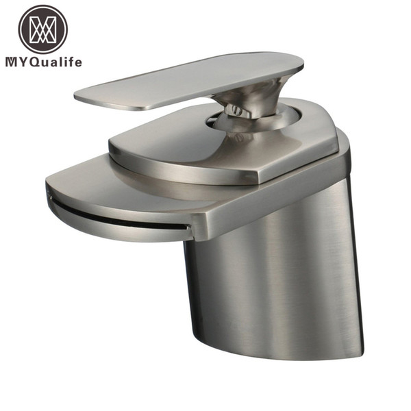 Wholesale- Free Shipping Brushed Nickel Basin Sink Faucet Deck Mount Waterfall Hot and Cold Water Bathroom Mixer Taps