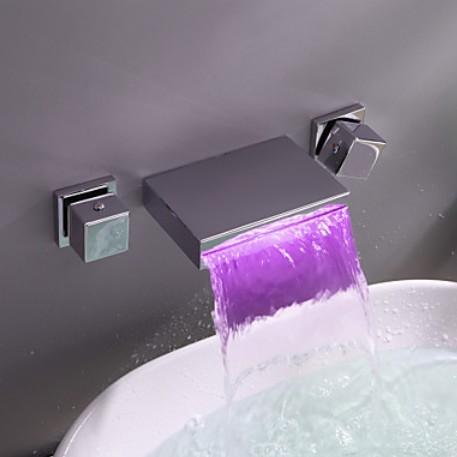 Contemporary Widespread Wall Mount Waterfall 3 Colors LED Bathroom Sink Faucet