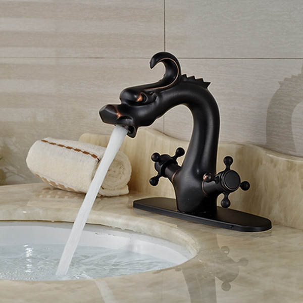 Wholesale And Retail Oil Rubbed Bronze Bathroom Faucet Chines Dragon Faucet Vanity Sink Animal Sink Mixer Tap Dual Handles