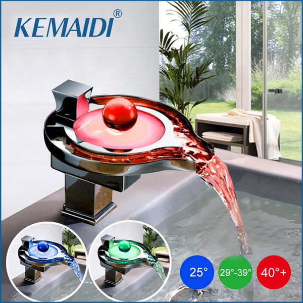 KEMAIDI Led Bathroom Faucet Brass Chromed Waterfall Bathroom Basin Faucets 3 Color Change Tap Water Power Basin Led Mixer Faucet