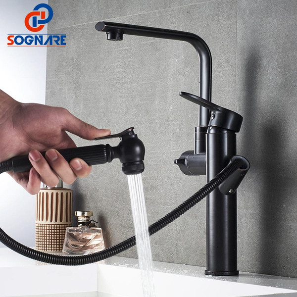 SOGNARE Tall bathroom faucet Pull Out Black Retro Single Handle Sink Faucet Mixer Tap Brass Taps Deck Mounted 360 Swivel Mixer