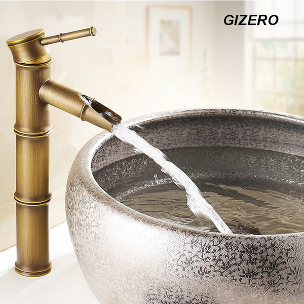 Wholesale- Bathroom Bamboo Faucet Antique Finish Copper Sink Mixer Tap Deck Mounted hot and cold water bambu taps ZR135