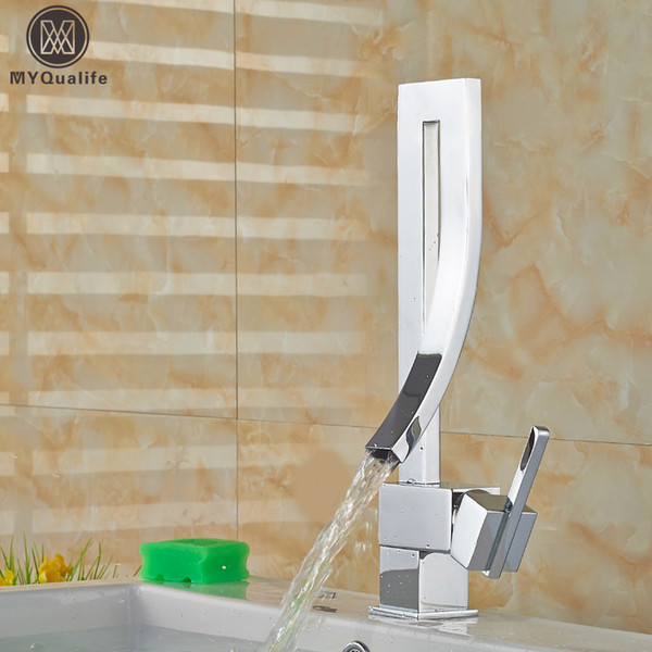 Wholesale- Unique Desing Single Handle Waterfall Basin Faucet Tap Deck Mounted Brass Hot and Cold Bathroom Faucet