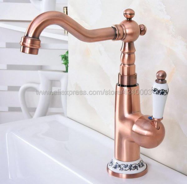 Antique Red Copper Porcelain Base Single Handle Bathroom basin faucet sink Faucet Mixer Tap Knf623