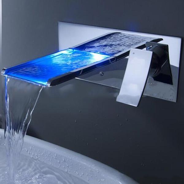 LED Light Faucet Waterfall Wall Mounted Bathroom Sink Faucet with Color Changing Mixer Tap With 1 Handle 1 Hole Hot And Cold