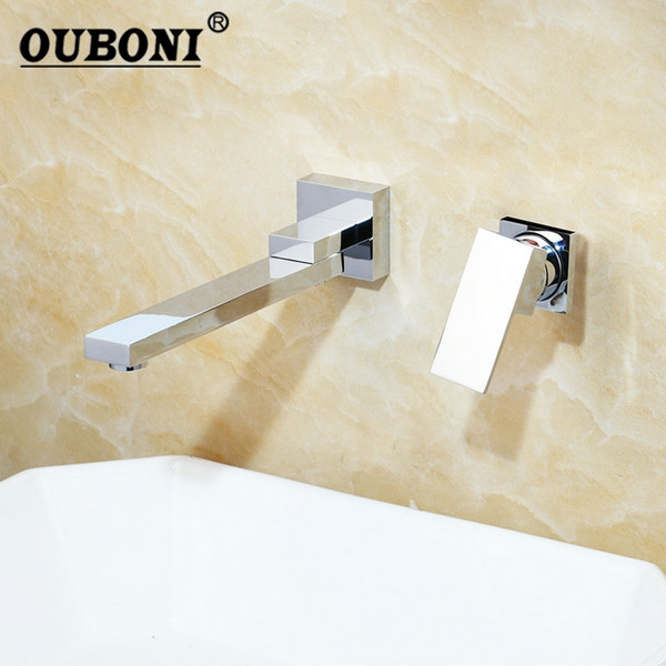 OUBONI Chrome Wall Mounted Soild Brass Swivel Spout Bathroom Bathtub Shower Faucet Mixer Tap 1 Handle 2 Pcs Faucets Mixer Tap