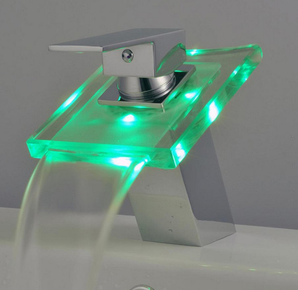 Bathroom Sink LED Glass Faucet, RBG 3 Colors Light Waterfall Single Hand Single Hole Mixe Tap/Faucet, Polished Chrome