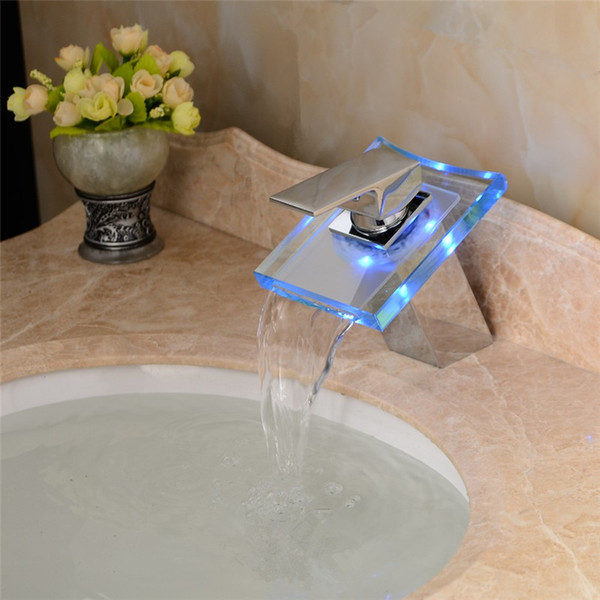 Free Shipping Factory outlet bathroom with LED lamp glass waterfall basin faucet, three color LED bathroom faucet basin mixer