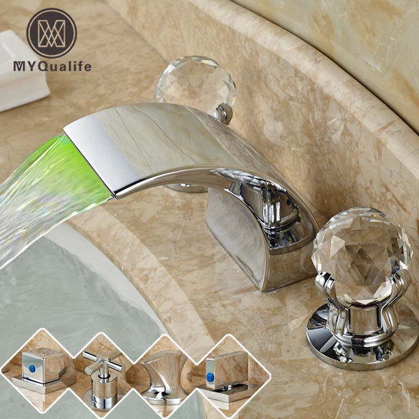 Deck Mounted Curved Spout Waterfall Basin Mixer Faucet Tap Double Handle Chrome LED Light Bathroom mixer Crane