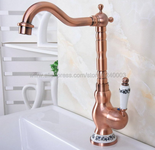 Antique Red Copper Basin Faucets Bathroom Sink Faucet Single Handle Deck Mounted Hot and Cold Water Single Hole Mixer Tap Knf638