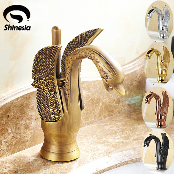 Antique Brass Swan Shape Bathroom Basin Sink Faucet One Hole Traditional Style Mixer Tap Deck mounted