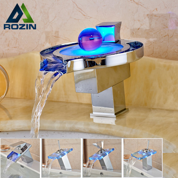 Wholesale- LED RGB Colors Basin Sink Faucet Deck Mount Waterfall Brass Bathroom Vessel Sink Mixer Tap Chrome Finish