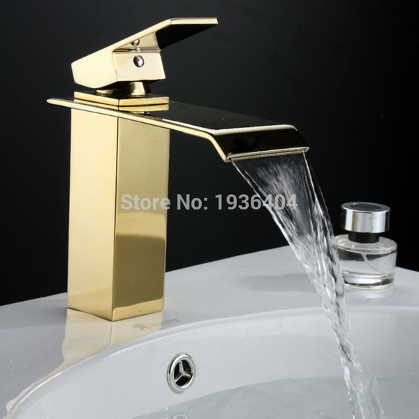 Gold Bathroom Faucets Square Waterfall Faucet Hot and Cold Device Faucet Polished Golden Bathroom Basin Sink Mixer Tap G1094