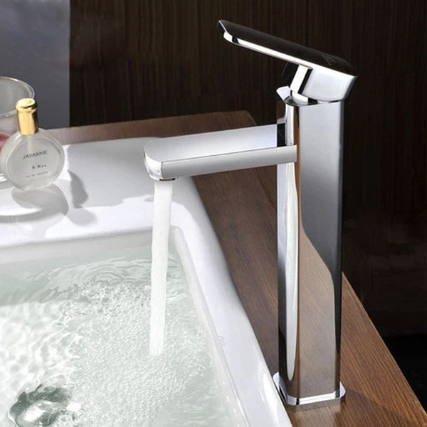 High Basin Faucets Water Faucet Square Shape Single Handle Basin Hot and Cold Mixer Bathroom Tap Sink Chrome Finish