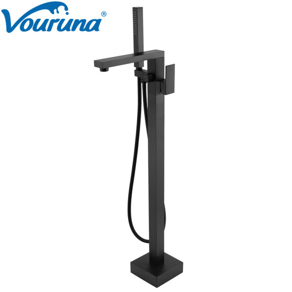 VOURUNA Square Style Matte Black Floorstanding Bath Filler Tap Free Mounted Bathtub Faucets