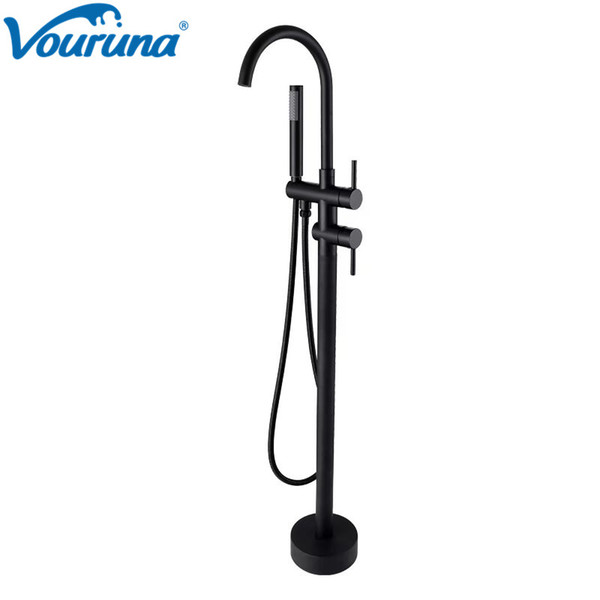 VOURUNA Matte Black Floor Mounted Bath Filler Tap Free Standing Bathtub Faucets Round Style