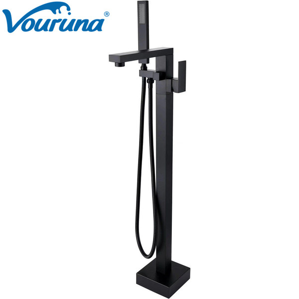 VOURUNA Square Style Black Free Standing Bathing Filler Floor Mounted Bathtub Faucet Shower Mixer Taps