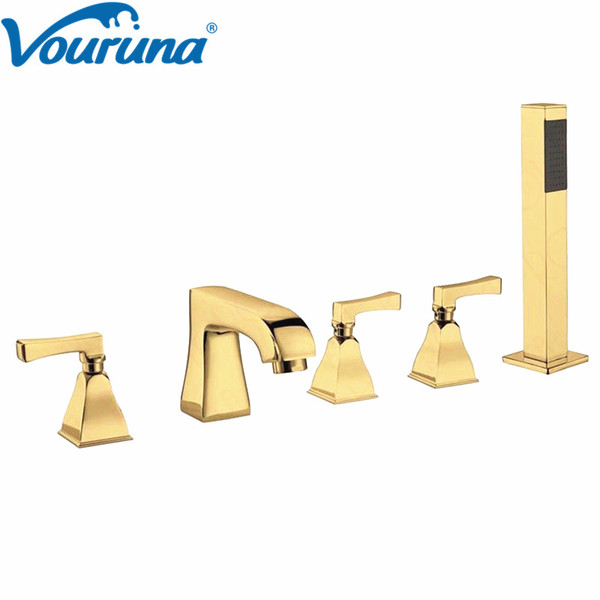 VOURUNA Luxurious Golden 5-Hole Bathtub Faucet Roman Tub Filler Shower Mixer Tap