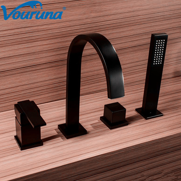 VOURUNA Contemporary Black 4-Hole Bathtub Faucet Roman Tub Filler Mixer Taps