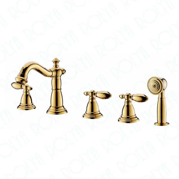 ROLYA 5PCS Golden Bathtub Faucet Tub Shower Mixer Taps Solid Brass