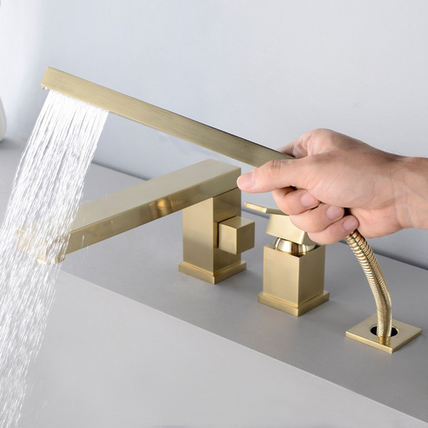 Deck Mounted Gold Brushed Brass Bathtub Faucets Bathroom Basin Mixer Tap With Hand Shower Head Rainfall Bath & Shower Faucet