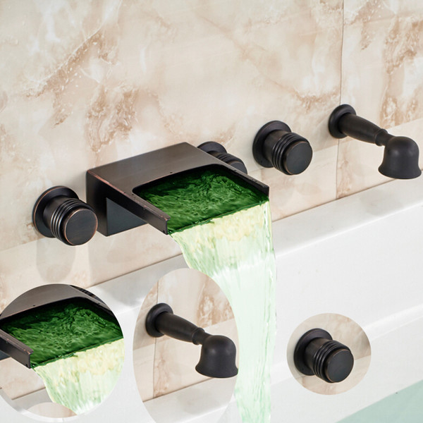 Wall Mounted Oil Rubbed Bronze Bathtub Faucet LED Waterfall Spout Mixer 3 Handles Pull Out Handshower Widespread 5 Holes