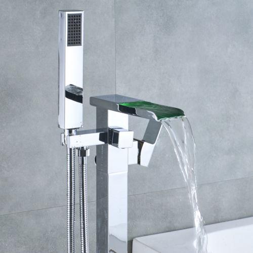 Floor Mounted Bathtub Faucet Free Standing LED Tub Filler Mixer Handheld Shower