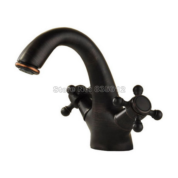 Black Oil Rubbed Brass Bathroom Basin Faucet Dual Handles Vessel Sink Mixer Taps Single Hole Deck Mounted Whg031