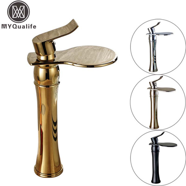 Classic Golden Countertop Basin Faucet One Handle Waterfall Round Water Spout Bathroom Vessel Sink Taps Deck Mounted 1 Hole