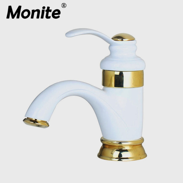 White Painting Bathroom Faucet Deck Mounted Bathroom Basin Sink Brass Faucet torneira Gold Polish Water Mixer Taps