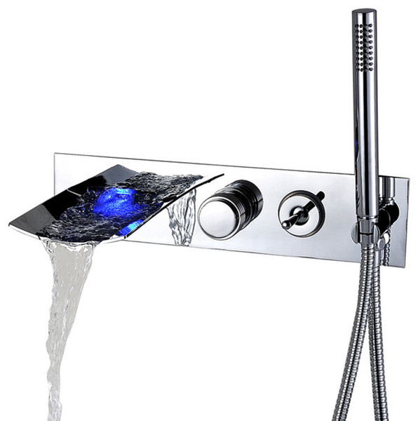 Rolya LED Waterfall Wall Mounted Bathtub Faucet Water Powered Lighting Bathing Mixer Taps with handshower set Chrome