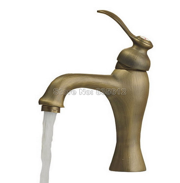 Deck Mounted Bathroom Basin Faucet Antique Brass Finish Single Handle Cold and Hot Mixer Vessel Sink Taps Wnf063