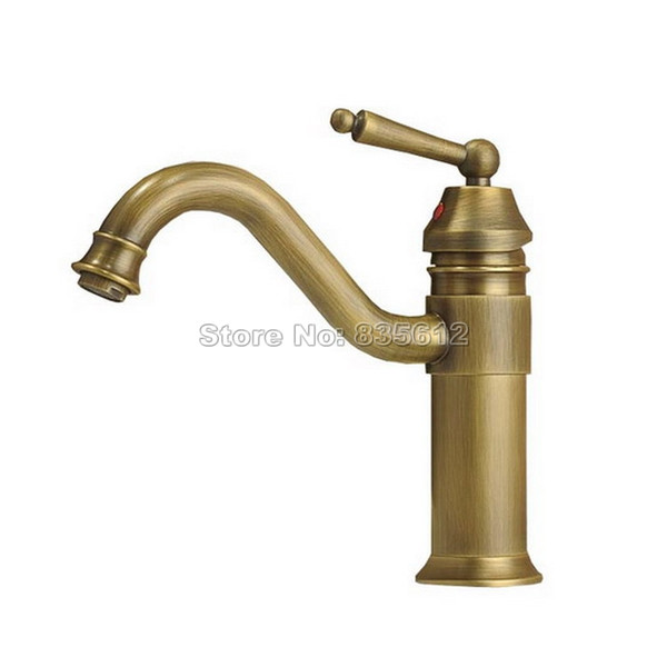 360 Swivel Spout Antique Brass Bathroom Basin Faucet / Single Handle Single Hole Deck Mounted Vessel Sink Mixer Taps Wnf007