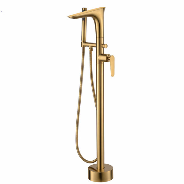 Freestanding Bath Spout Shower Floor Mount Brass Shower set Mixer Valve 2 Function Brushed Gold Bathtub Filler Mixer Taps