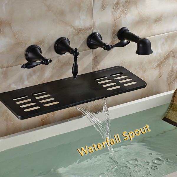 Wholesale And Retail Wall Mounted Bathroom Tub Faucet Oil Rubbed Bronze Waterfall Spout W/ Soap Dish Holder Hand Shower Sprayer