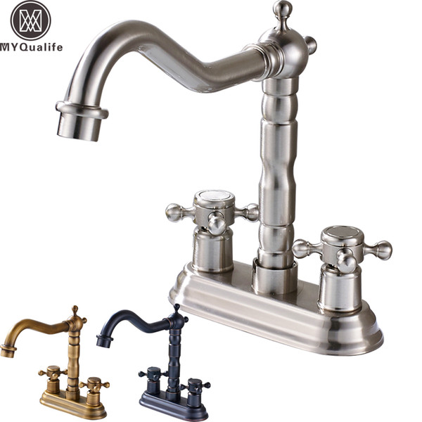 Deck Mounted Dual Handle Two Holes Bathroom Faucet Brass Swive Long Spout Basin Sink Mixer Taps