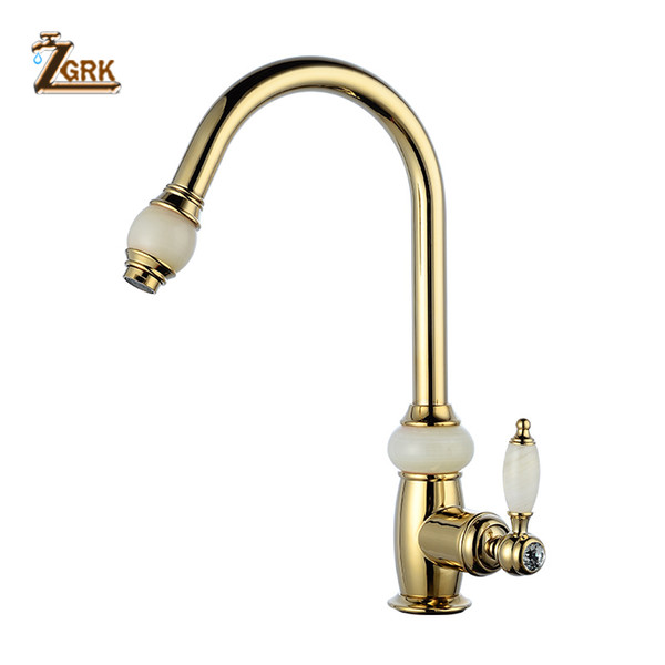 ZGRK European Style Natural Jade Faucet Hot Cold Water Single Handle Pull Out Golden Faucet Classic Mixer Taps SLT078S