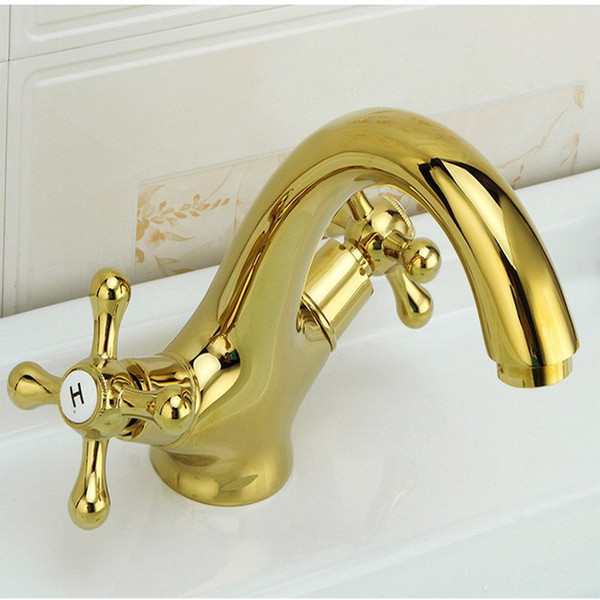 Gold Color Brass Single Hole Bathroom Vessel Basin Faucet Hot/Cold Mixer Taps Dual Cross Handle agf006