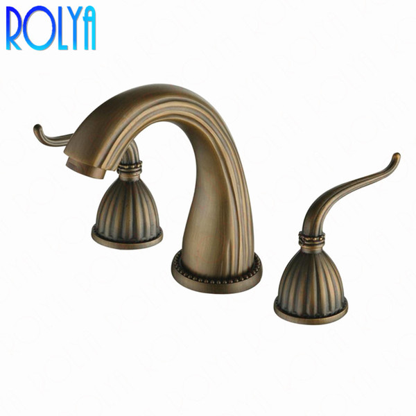 Rolya Antique Brass 8 Inch Widespread Lavatory Faucet Bathroom Vintage Old Style Basin Mixer Taps