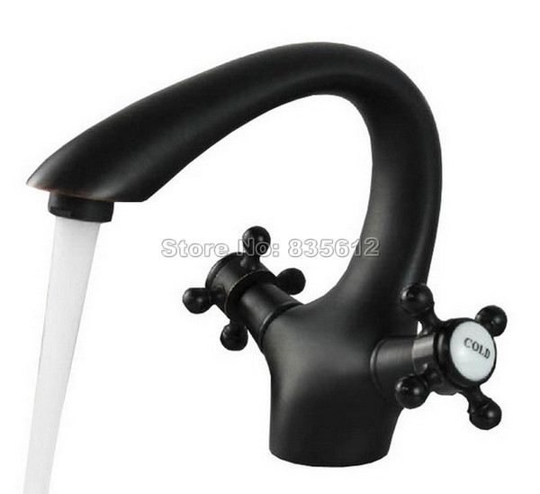 Black Oil Rubbed Bronze Gooseneck Style Bathroom Basin Faucet Deck Mounted Vessel Sink Dual Handles Mixer Taps Wnf279