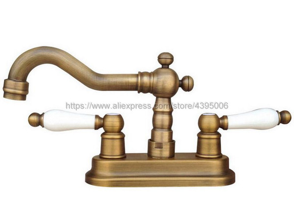 Antique Brass Basin Vessel Sinks Mixer Faucet Double Handle Bathroom Washing Mixer Taps Deck Mounted Bnf326