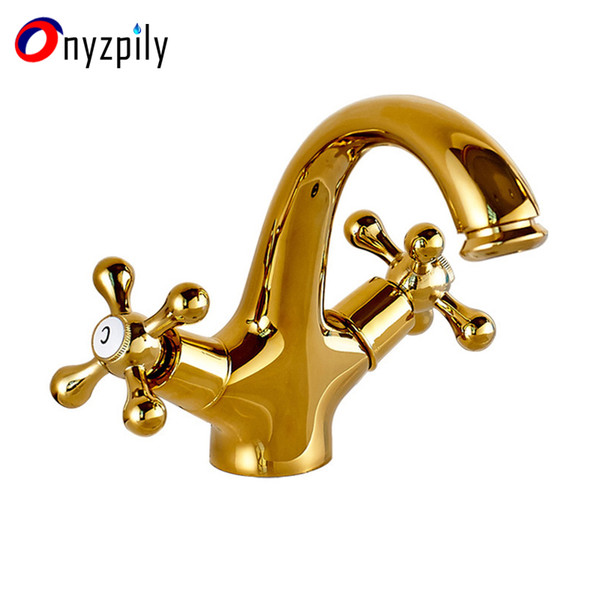 Golden Finished Bathroom Basin Hot and Cold Water Mixer Faucet Deck Mounted Taps