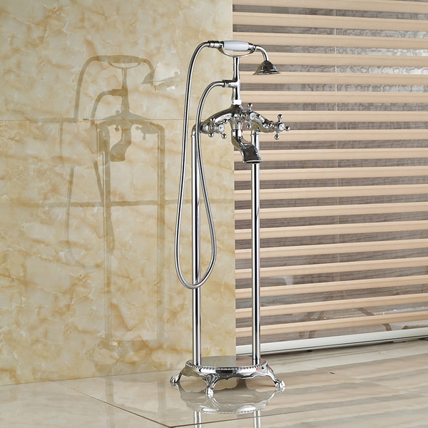 Wholesale And Retail Luxury Chrome Brass Free Standing Tub Filler Ceramic Hand Shower Bathroom Tub Faucet Dual Legs