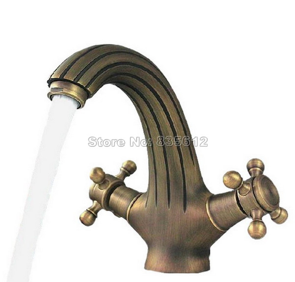 Antique Brass Vessel Sink Faucet / Single Hole Deck Mounted Bathroom Basin Mixer Dual Cross Handles Taps Wnf124