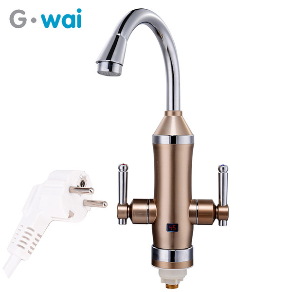 GWAI Kitchen Faucet Gold Tankless Heating Water Taps Europe Style 3 Second Instant Water Heater With LCD Temperature Display