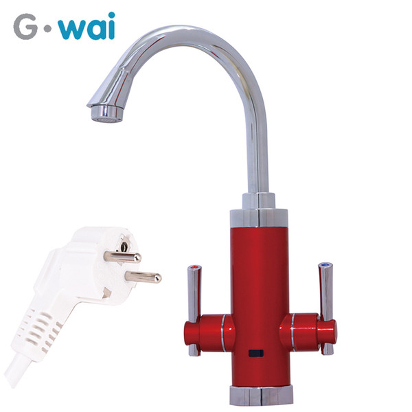 GWAI 3 Second Instant Tankless Water Heater Duel Handle Kitchen Faucet Gold Red With LCD Temperature Display Water Heating Taps