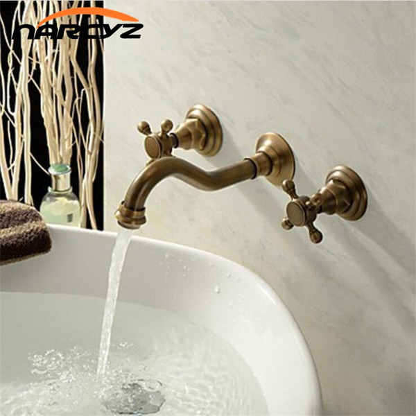 Wholesale and Retail Antique Brass Bathtub Mixer Taps 3 pcs Basin Dual Handles Hot and Cold Wall Mounted Basin Faucet XR-GZ-8208