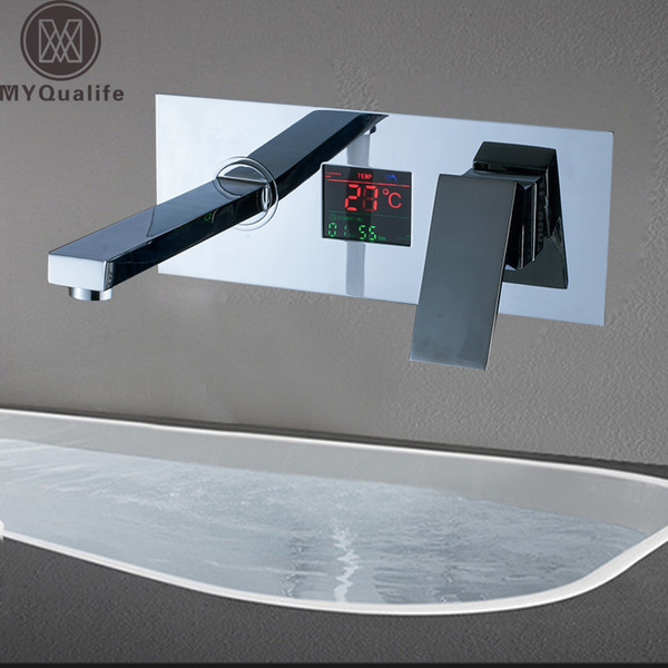 Chrome Digital Display Basin Sink Faucet Wall Mounted Bathroom Vessel Sink Mixer Tap With Embedded Box Hot and Cold Taps