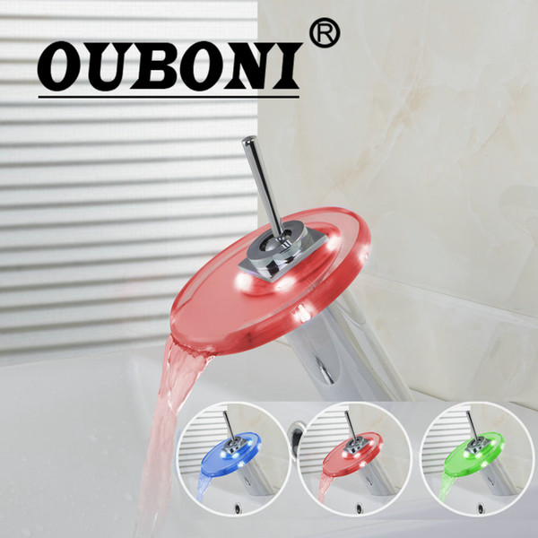 OUBONI LED Light Chrome Bathroom Faucets Basin Torneira Round Waterfall Deck Mount Single Handle Mixers & Taps